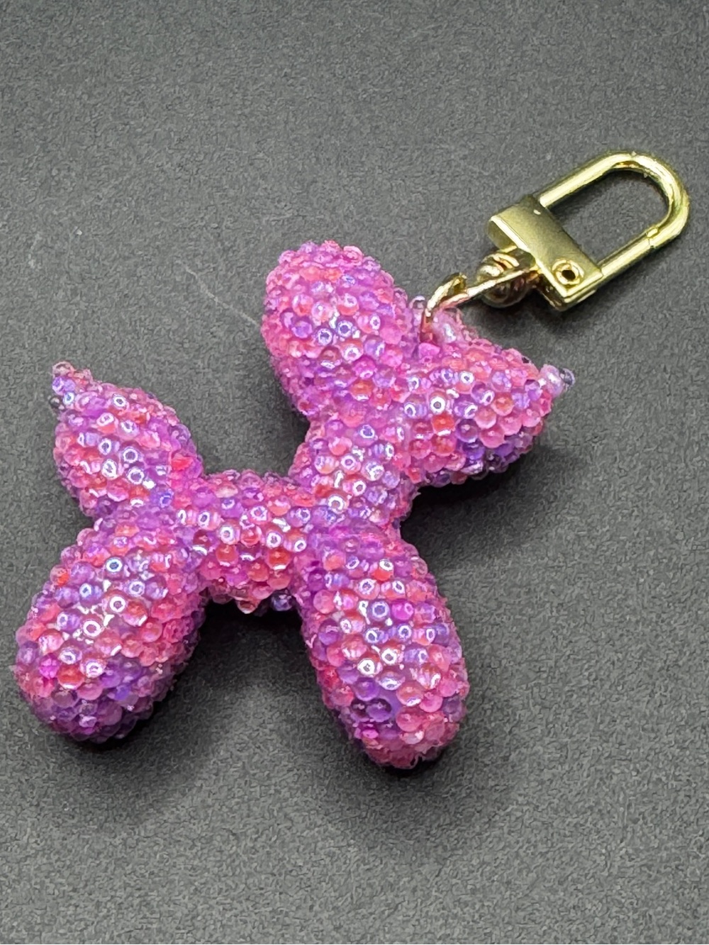 Hand Blinged Balloon Dog Bag Charm/Keychain Pink and Purple Glass Rhibestones.